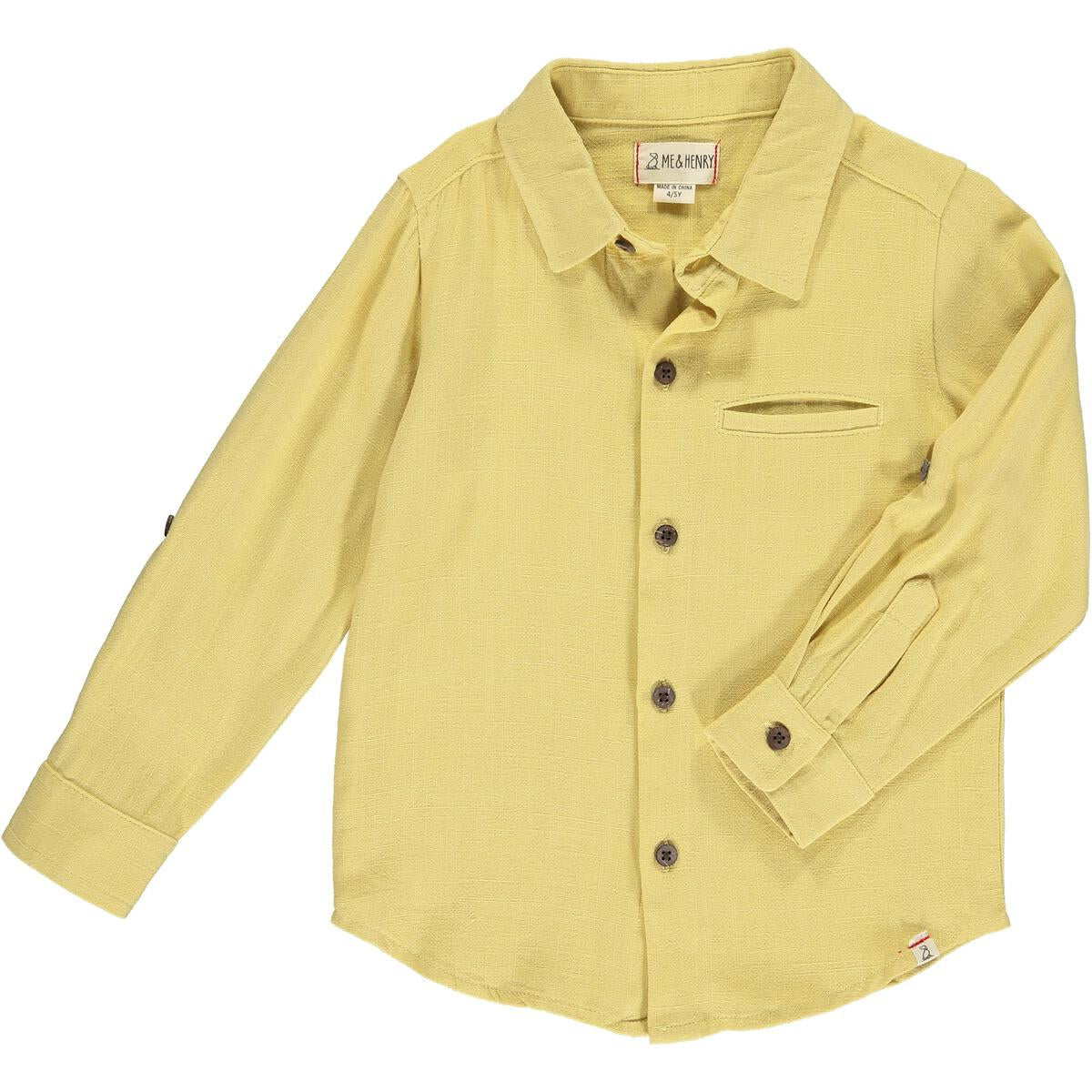 me and Henry Atwood gold button up longsleeve shirt, yellow, gold, long sleeve, lightweight, cotton, pocket, fall, little boy, toddler