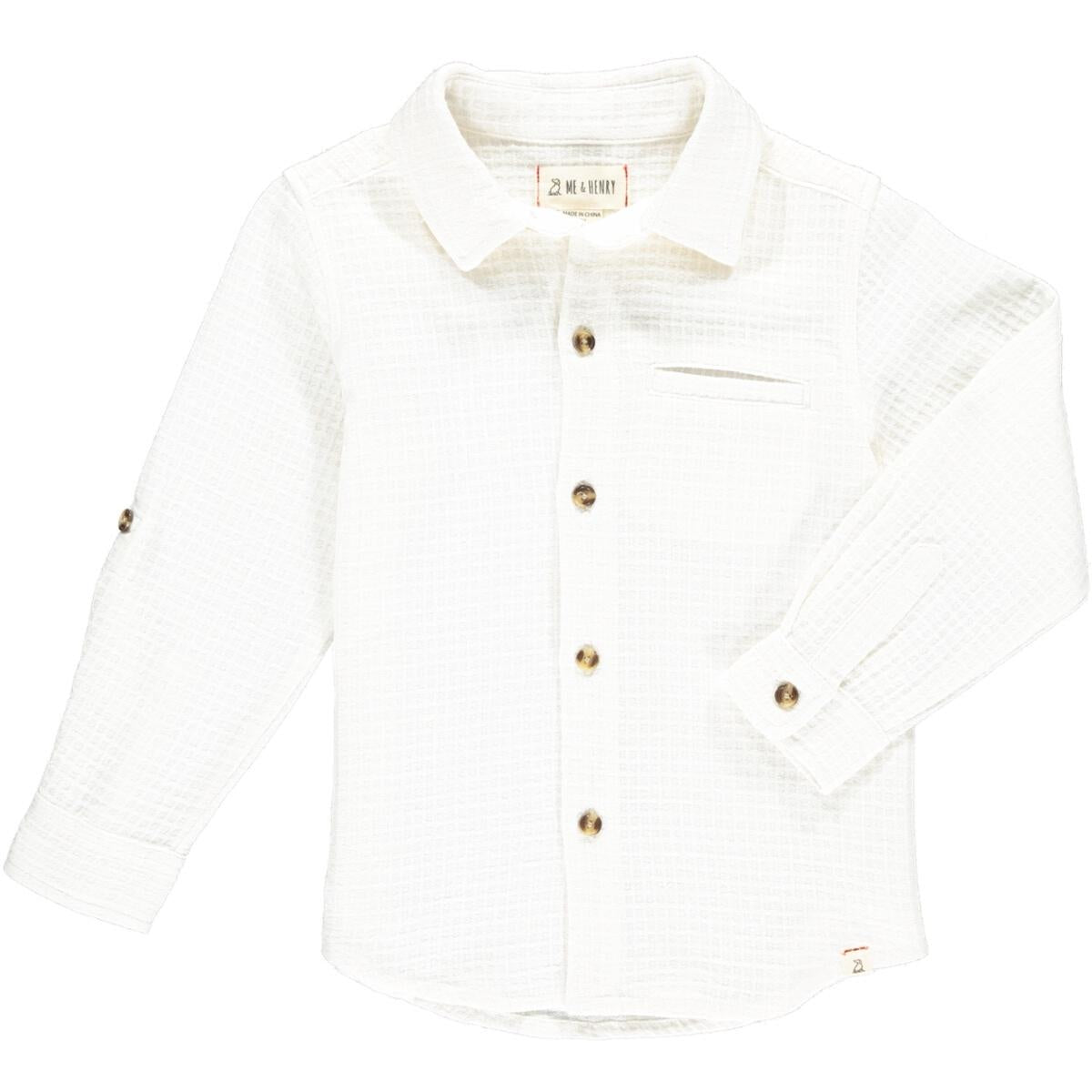 me and Henry Atwood white woven long sleeve button up shirt, linen blend, cotton, lightweight, dressy, long sleeve, summer, spring, dress shirt, collared, pocket, little boy, baby, toddler