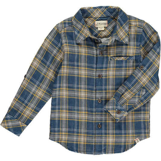 me and henry, atwood, blue and gold, plaid, long sleeve, boy, toddler, collared, button up, shirt, dress shirt