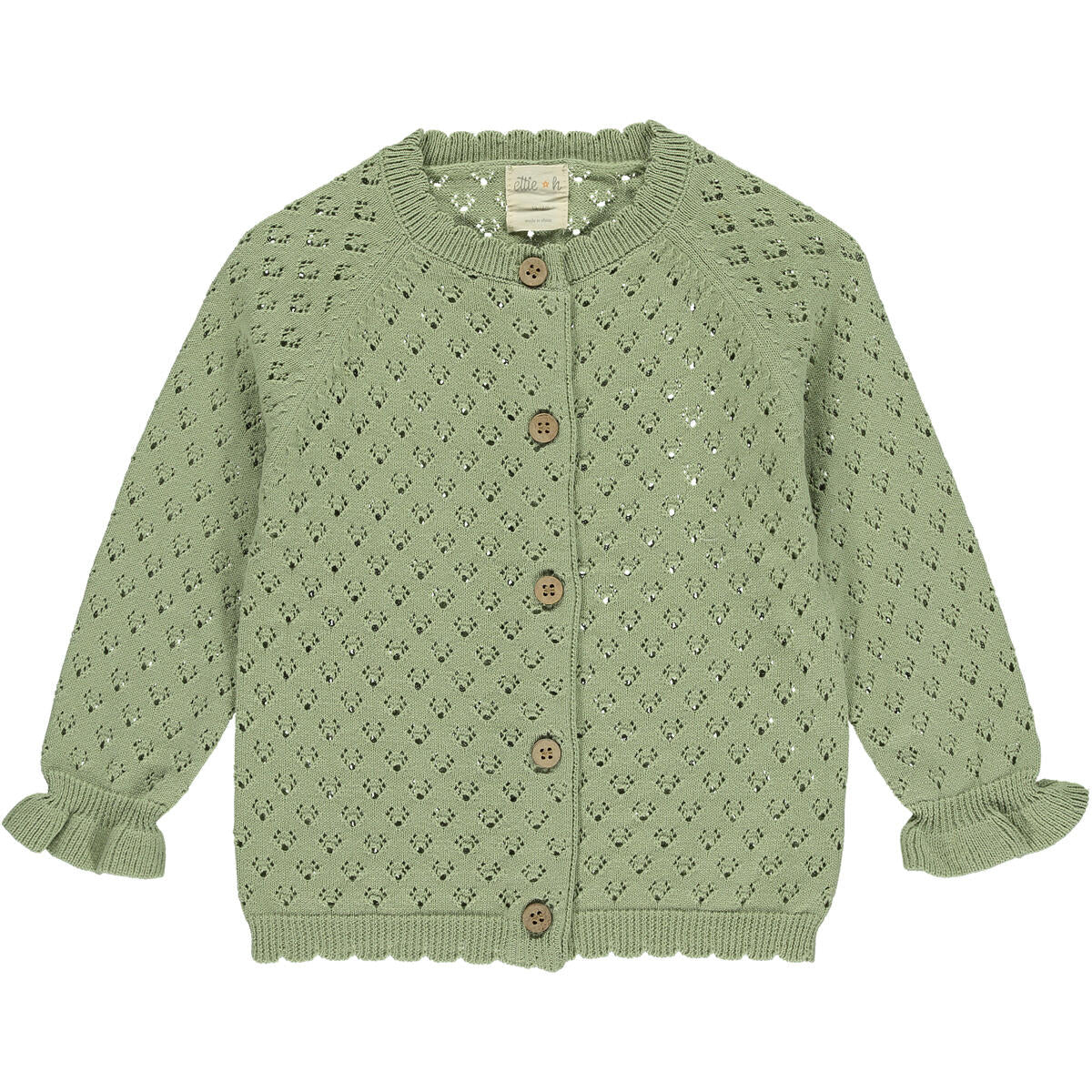 ettie and h sage aurora cardigan, green, lace, ruffle detail, dressy, sweater, cotton, oregano