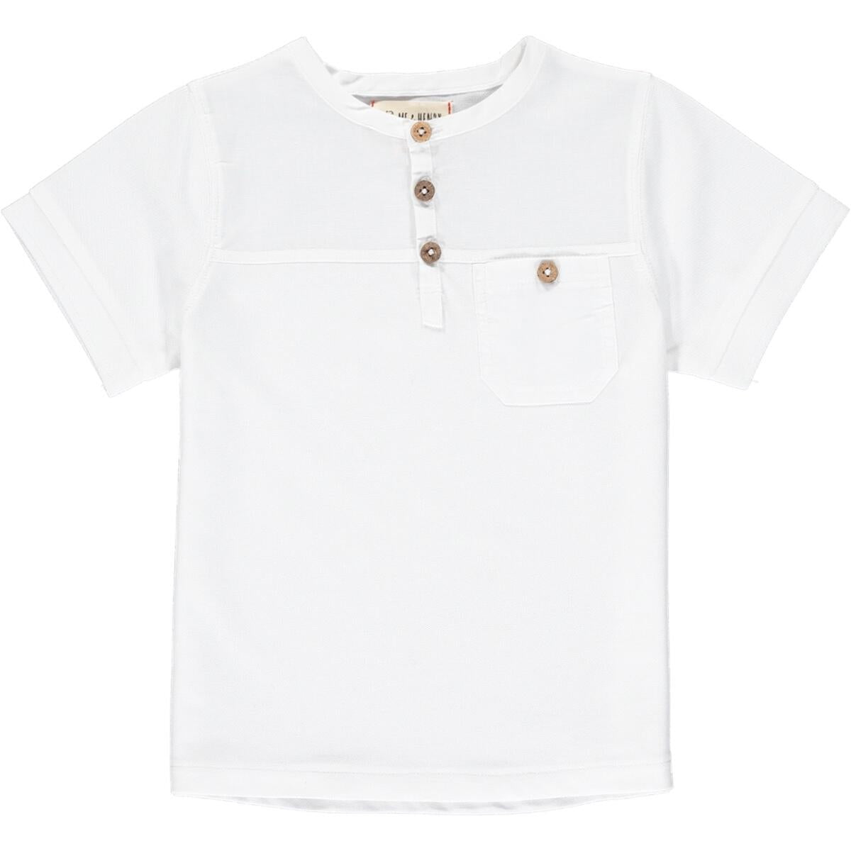 me and Henry white dodger henley, short sleeve, t-shirt, pocket, buttons, dress, cotton, lightweight