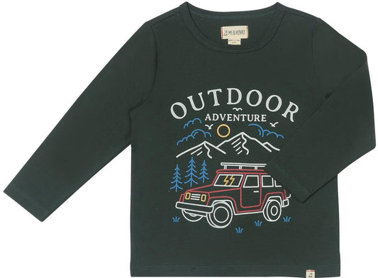 me and henry long sleeve tee in forest green with a jeep and mountains outdoor scene boy 