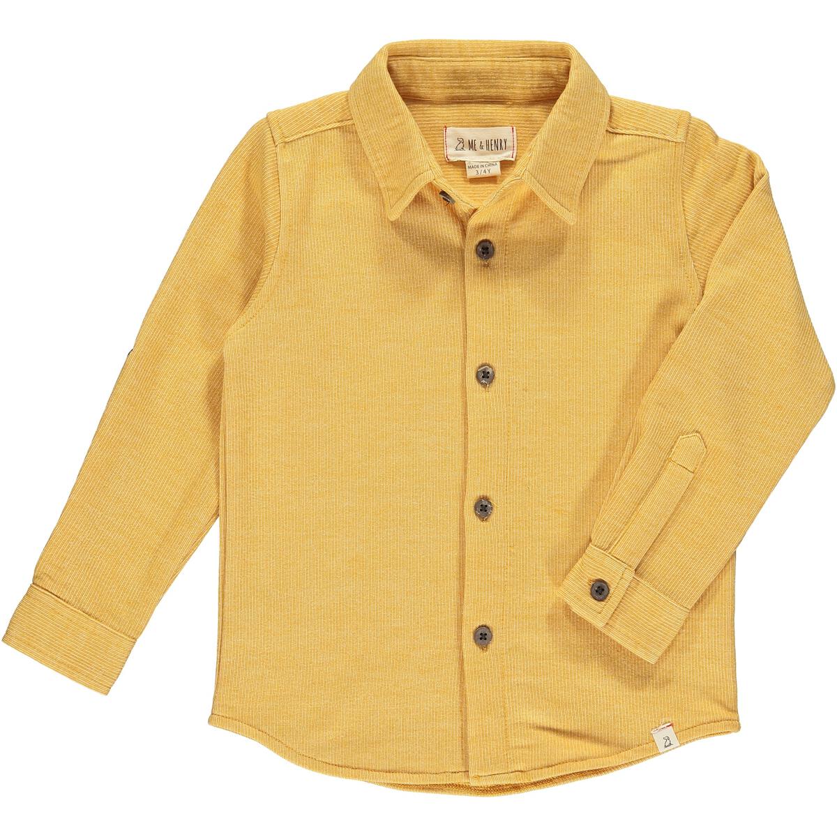 me and henry, columbia, jersey knit, cotton, dress shirt, long sleeve, collared, mustard, gold, yellow