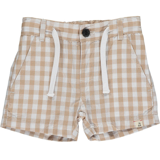 me and Henry, crew, beige, plaid shorts, little boy, toddler, baby boy, neutral, tan and white, 