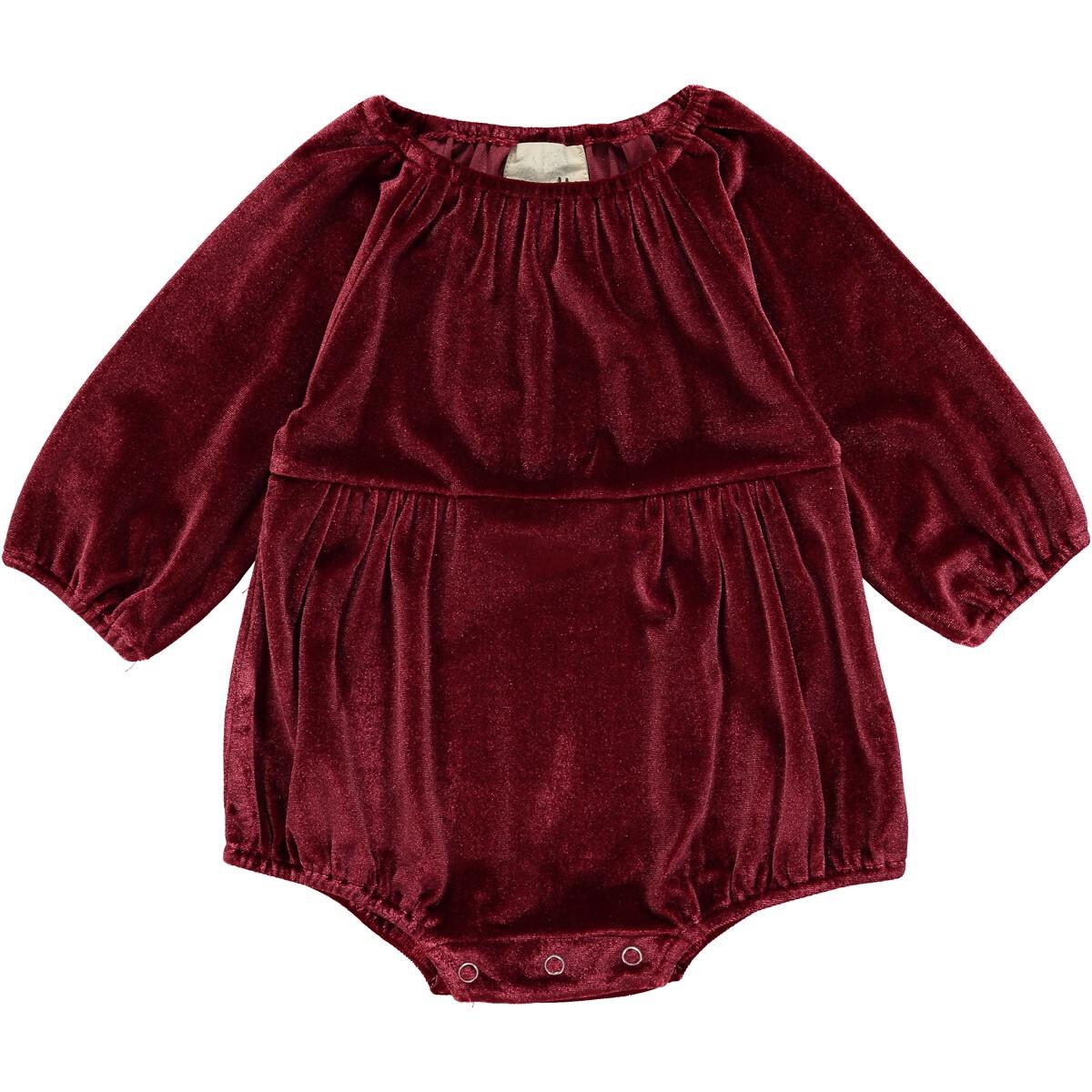 vignette, red, cranberry, long sleeve, velvet, romper, bubble, baby girl, toddler