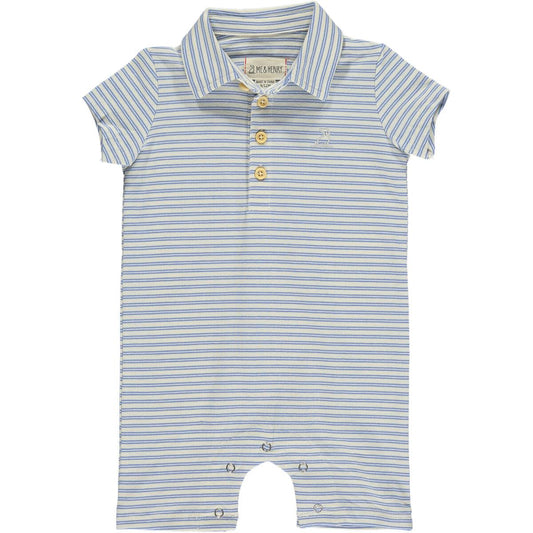 me and Henry drift romper blue and white stripe polo, little boy, baby boy, short sleeve, shorts, overalls, onesie, one piece, collared polo, dressy
