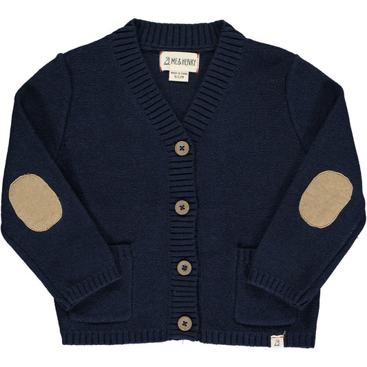 me and henry navy blue boys cardigan with patch elbows