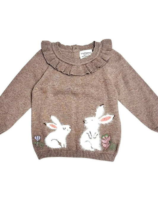viverano sweater bunny and ruffle detail brown organic knit sweater easter sweater