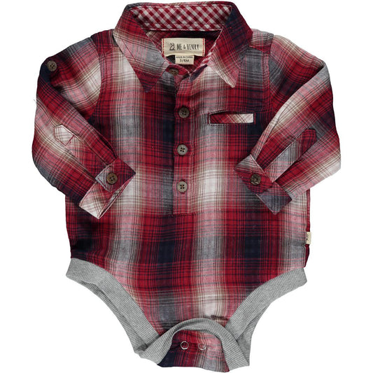 me and henry, red/navy, plaid, long sleeve, collared, onesie, shirt, boy, toddler