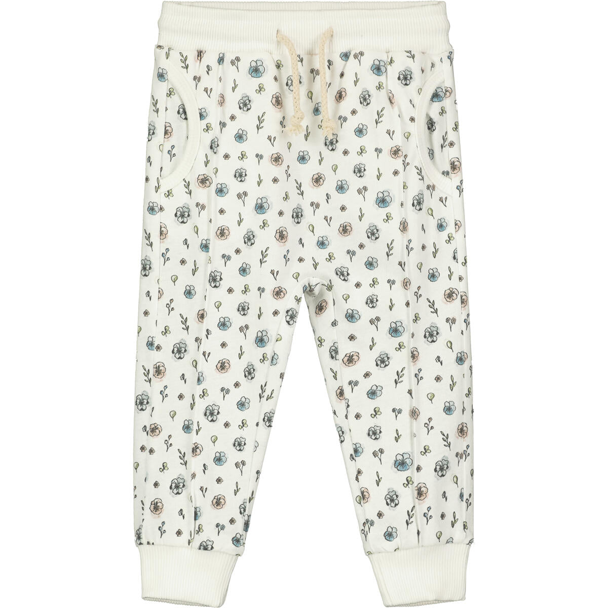 Ettie and H Jonas floral white sweatpants, pockets, cotton, pink and blue floral, white background, little girl, baby girl, toddler