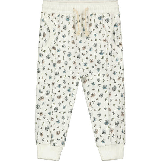 Ettie and H Jonas floral white sweatpants, pockets, cotton, pink and blue floral, white background, little girl, baby girl, toddler