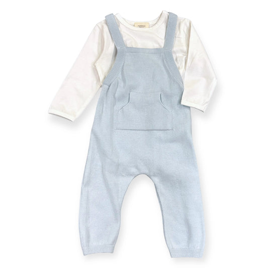 viverano organics baby blue overalls with pocket and white long sleeve bodysuit, sweater knit fabric