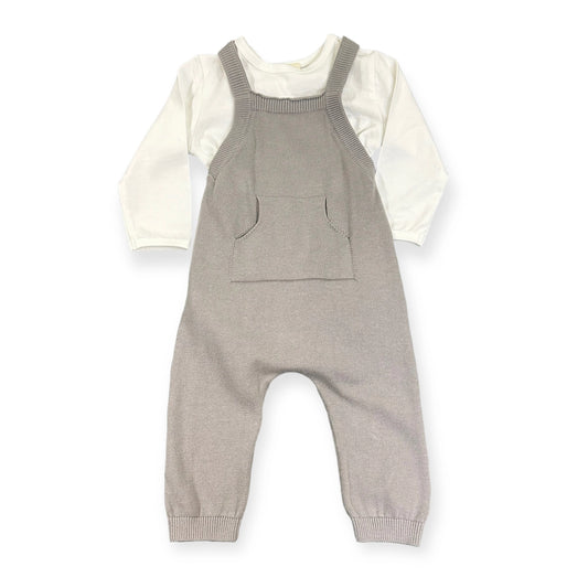 viverano sweater knit overalls in grey, white long sleeve onesie