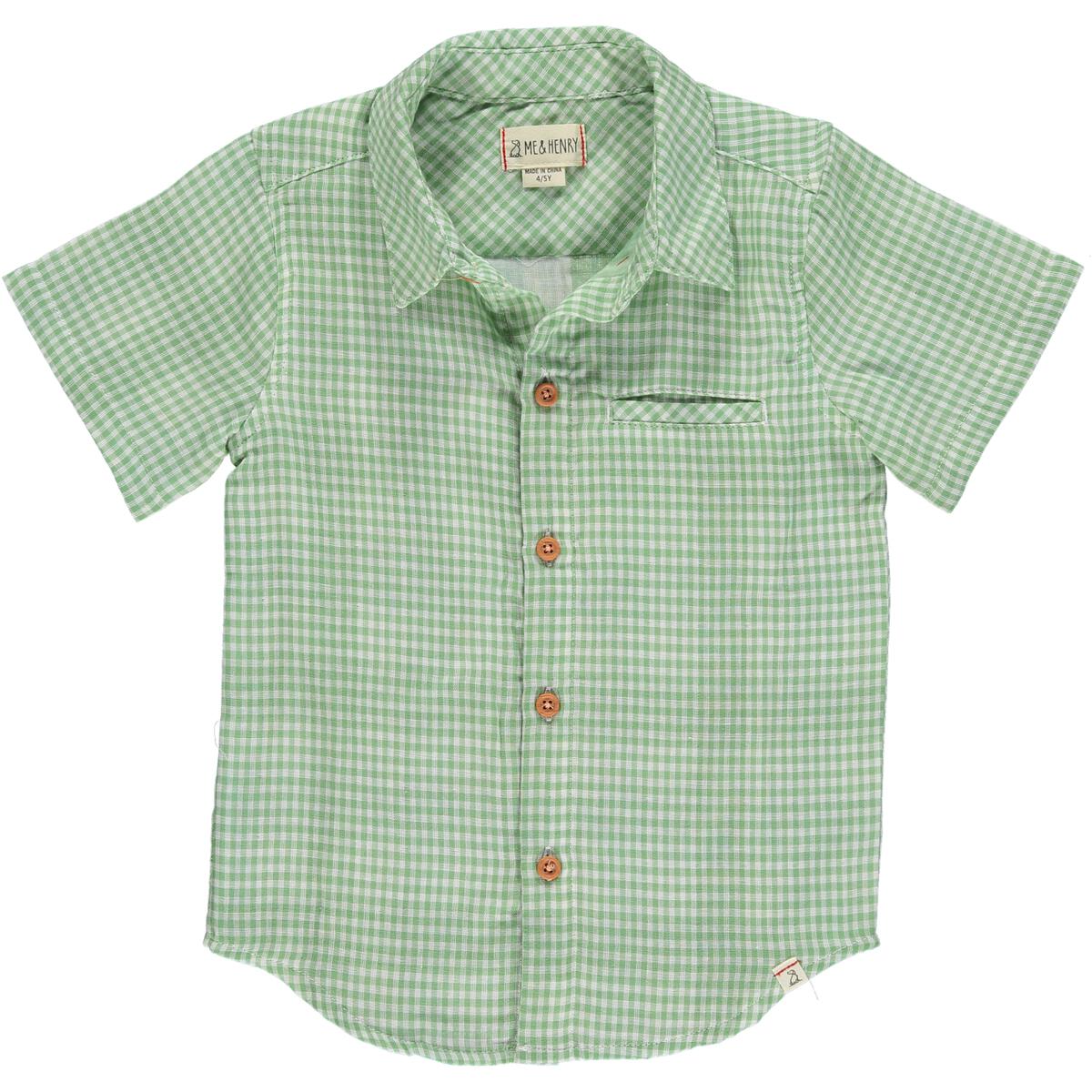 me and Henry Newport green plaid short sleeve collared shirt, short sleeve, toddler, little boy, light weight, pocket, collar, wood buttons, dressy