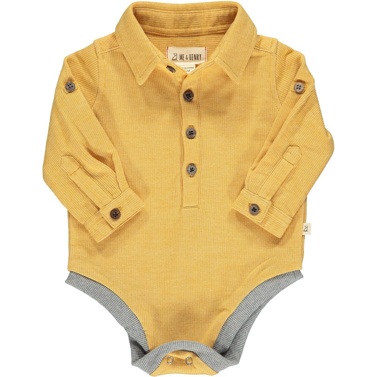 me and henry, gold, yellow, woven onesie, long sleeve, collared, little boy, toddler, fall, dress shirt