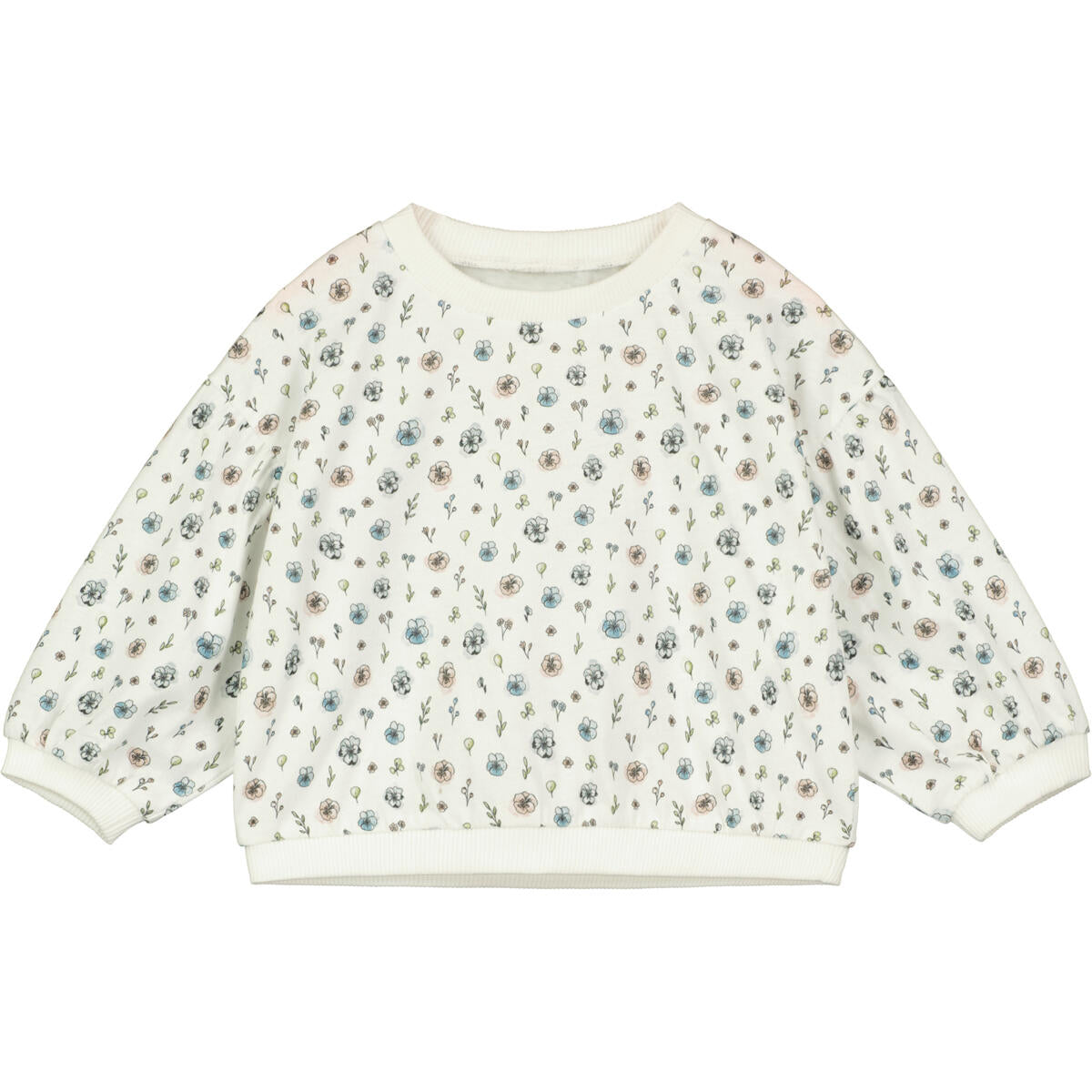 Ettie and H Terry sweatshirt, white with pink and blue florals, cotton, dressy sweats, little girl, toddler, baby girl, lightweight
