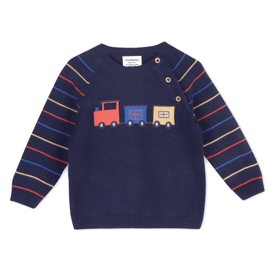 viverano, train, navy, blue, boys, infant, sweater, organic cotton, stripes on sleeves, embroidered