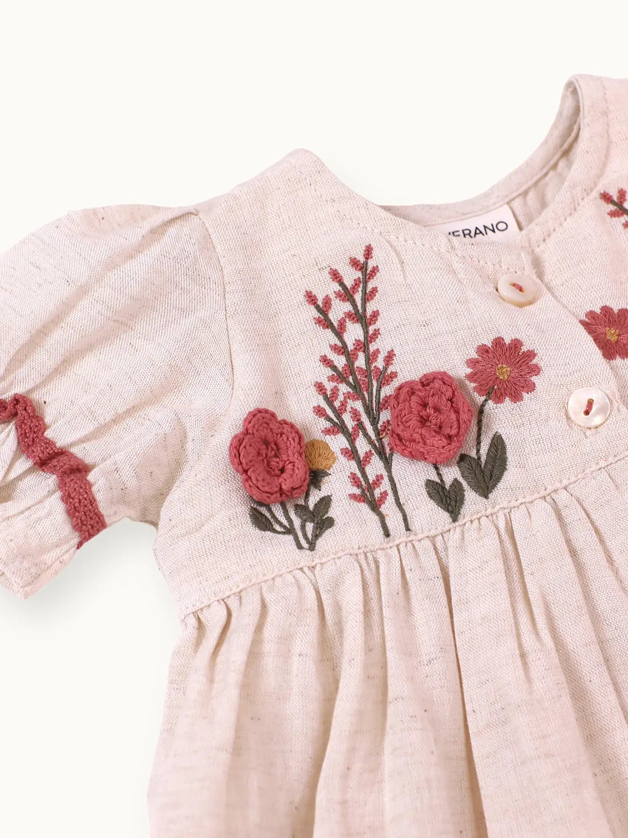 Viverano Organics Victoria Embroidered Floral Baby Dress + Bloomer (Linen) - Natural