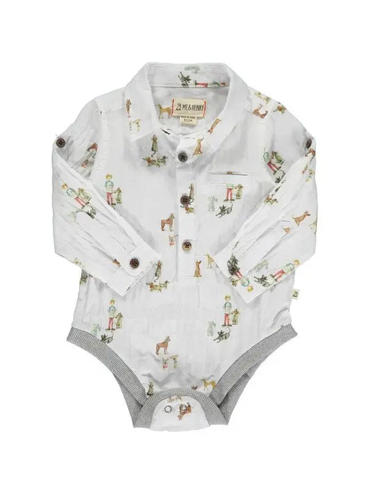 me and Henry baby boy long sleeve onesie with dogs white collared button up onesie