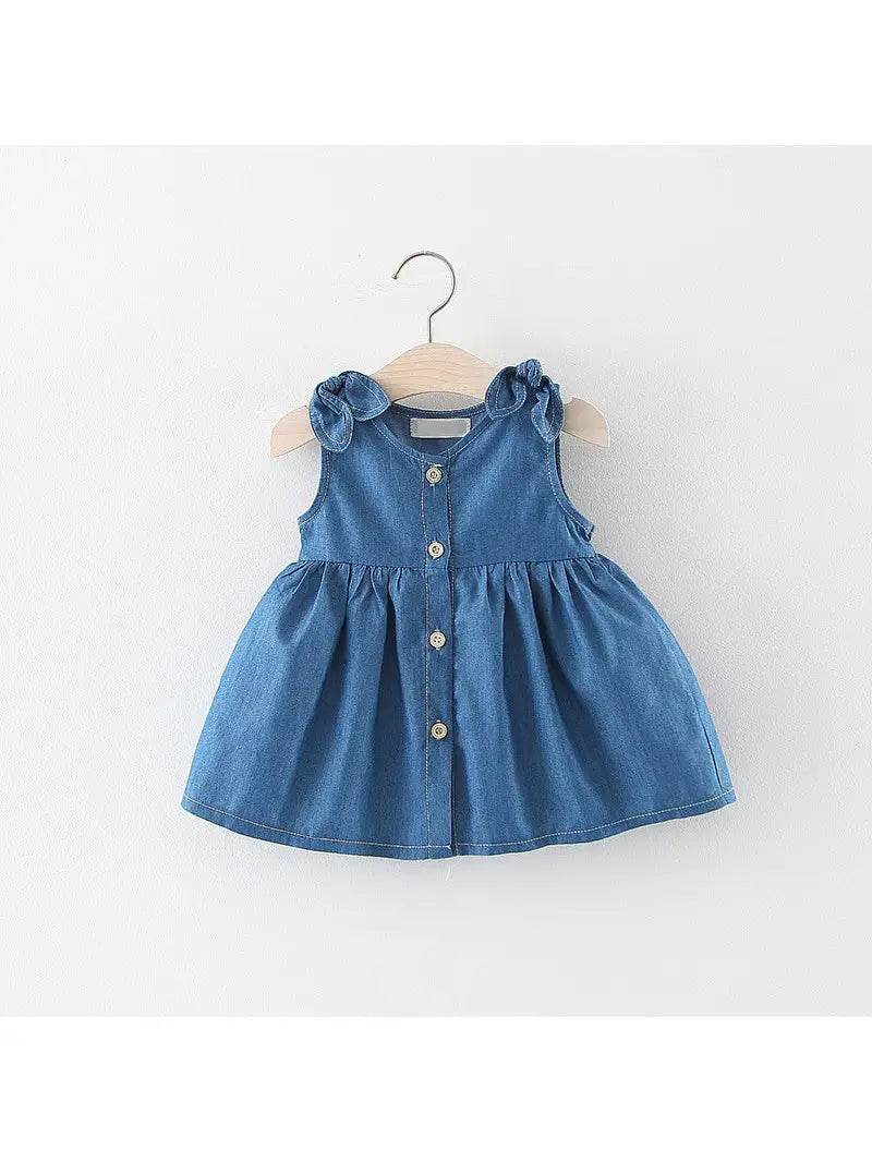 baby girl blue denim dress button detail sleeveless 