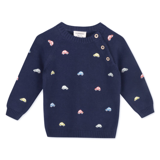 viverano, navy, sweater, beetle cars, baby boy, raglan, organic cotton, blue
