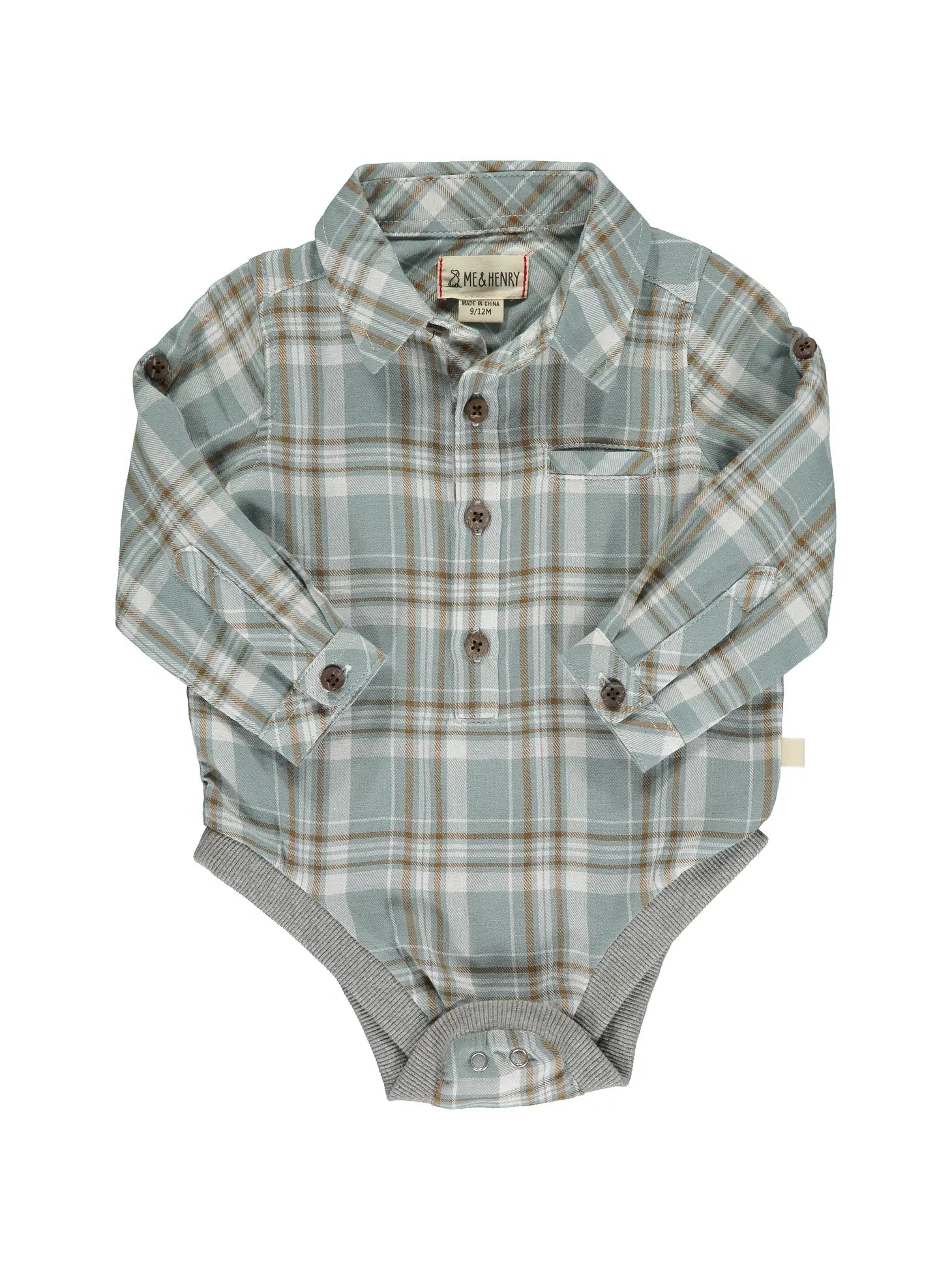 me and Henry blue and white brown plaid jasper woven onesie long sleeve collared detail baby boy