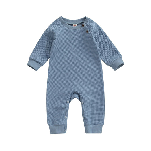 blue waffle jumpsuit romper pajamas long sleeve baby boy 