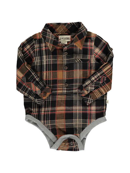 me and Henry brown plaid long sleeve onesie