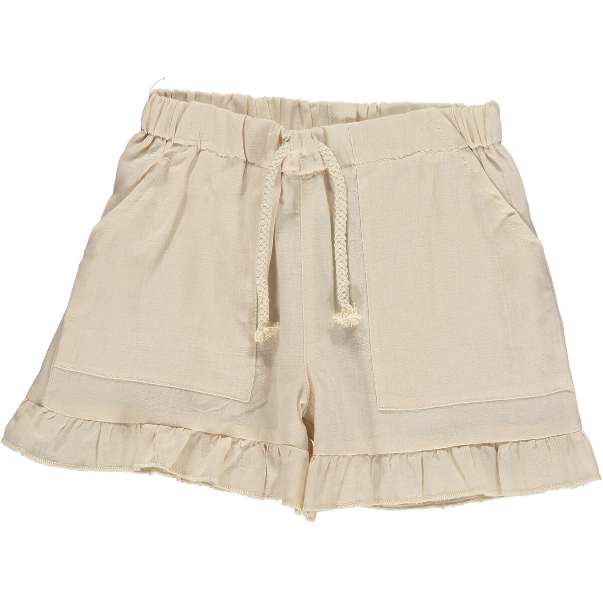 Brynlee Girl's Shorts - Beige ruffle shorts with tie elastic waist, little girl, baby girl, neutral, elastic waist, ruffles, linen blend, cotton