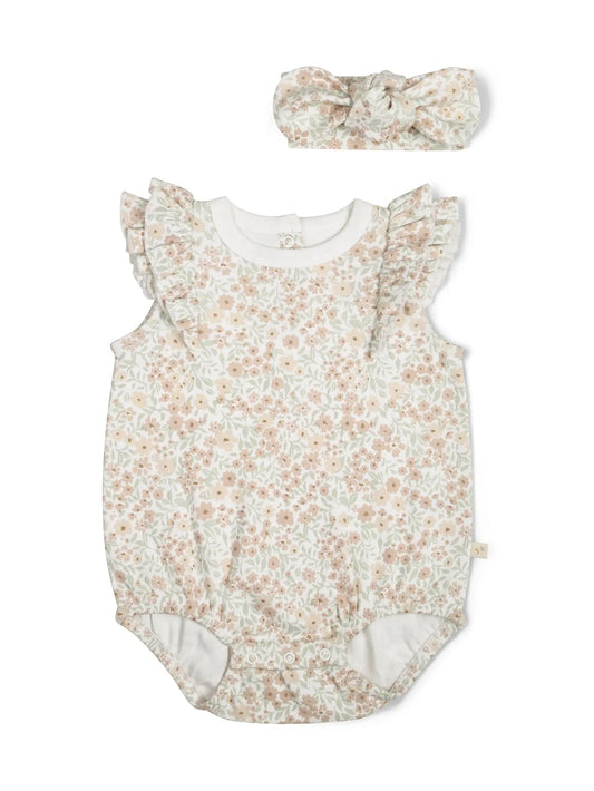makemake bubble onesie with flutter sleeve and matching headband white pink floral 
