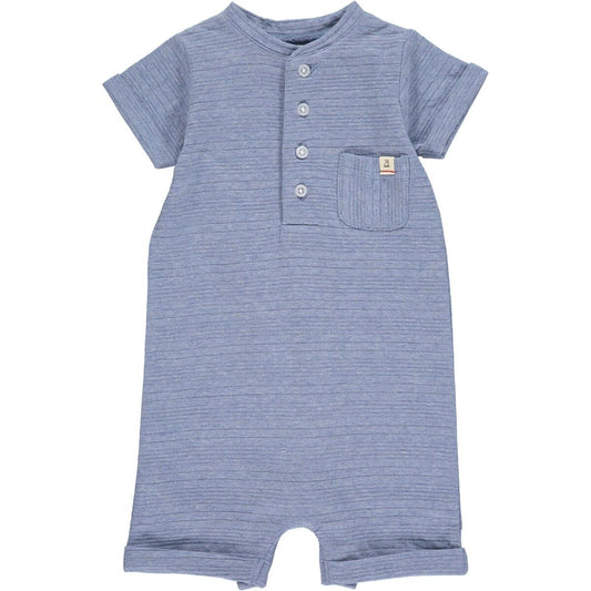 little boy, baby boy, Camborne Henley Romper - Blue Ribbed short sleeve shorties blue romper, shorts, onesie, cotton, playwear