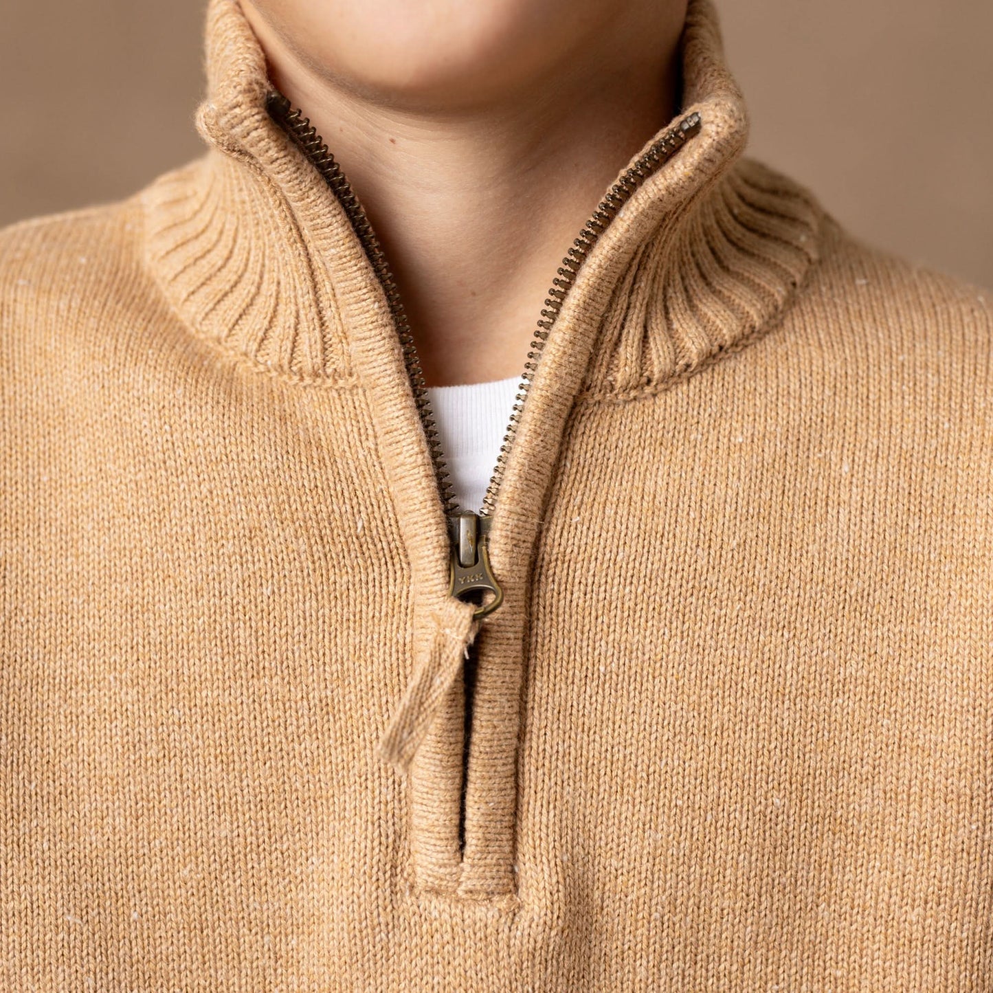 Hope and Henry Organic Half Zip Sweater – Camel Heather w/Flecks