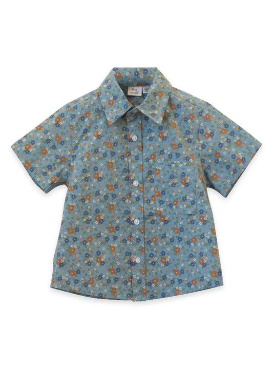 beet world short sleeve button up collared shirt cottage florals blues oranges 