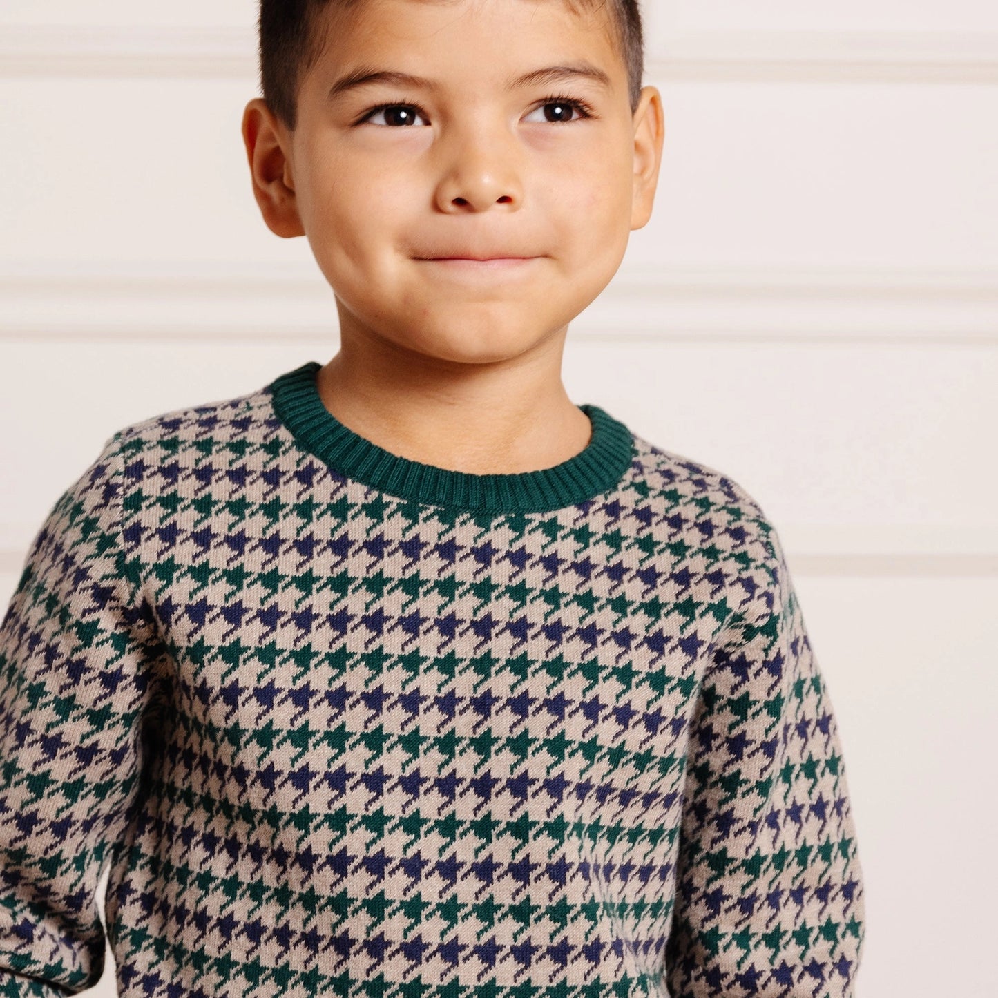 Hope and Henry Crew Neck Pullover Sweater – Camel/Deep Green Houndstooth