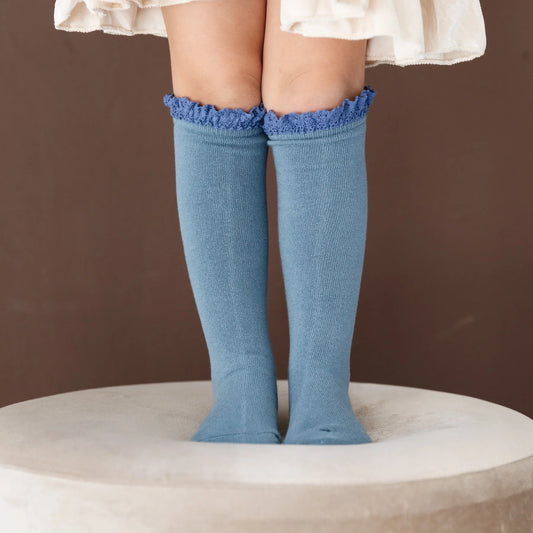 little stocking co, denim, blue, knee high socks
