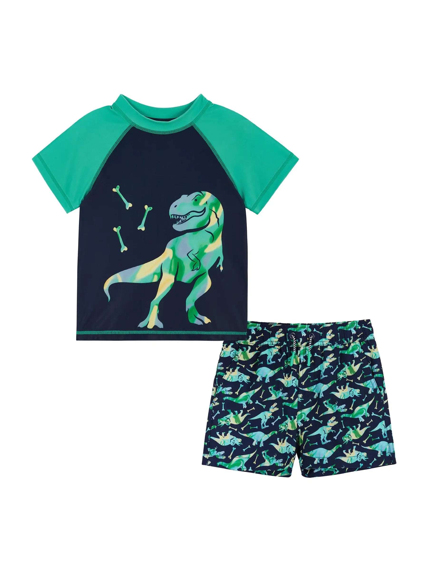 teal and navy dinosaur dino swim trunks swimsuit short sleeve rash guard 