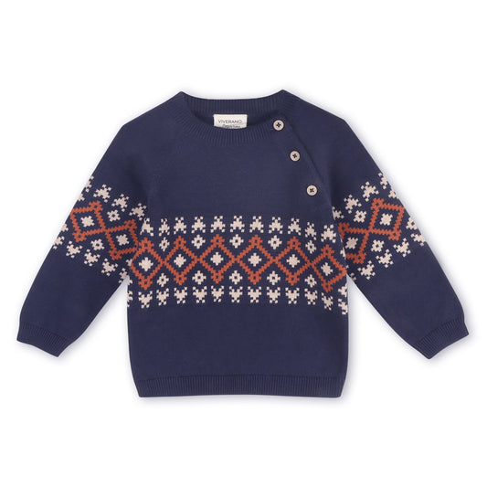 viverano, organic cotton, navy blue fair isle sweater, orange and beige.