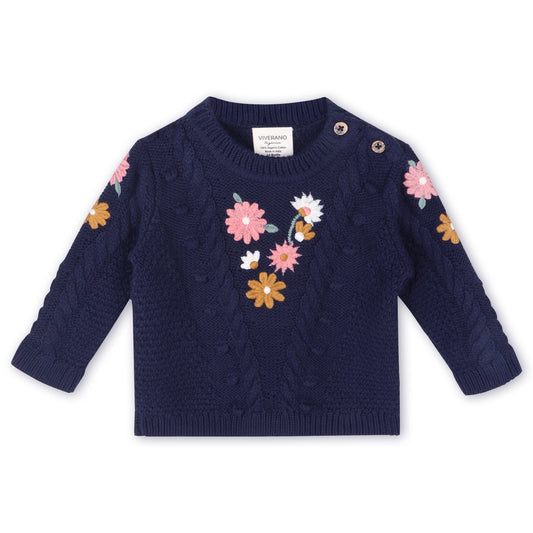 viverano navy blue chunky cable knit sweater for the girls with fall floral embroidery 