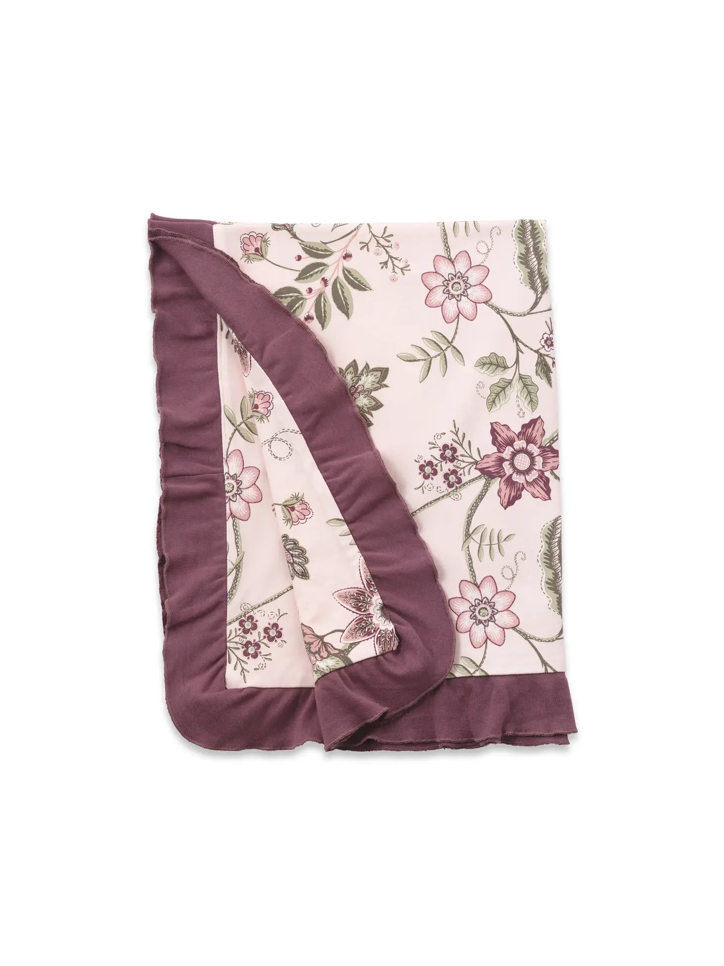 floar stichery bamboo cotton blanket with ruffle detail plum and pink floral 