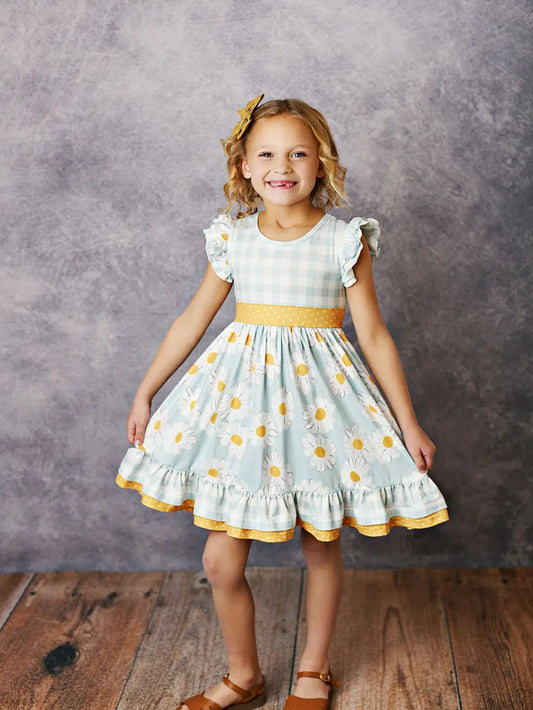 gingham check daisy dress mustard and blue short sleeve summer dress 