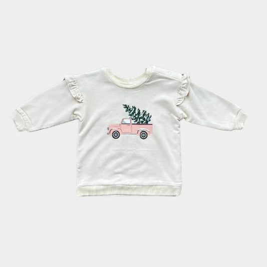 babysprouts soft bamboo cotton girly christmas sweatshirt featuring a pink truck and tree, with ruffle detail on the sleeves.  Longer in length to cover bottom