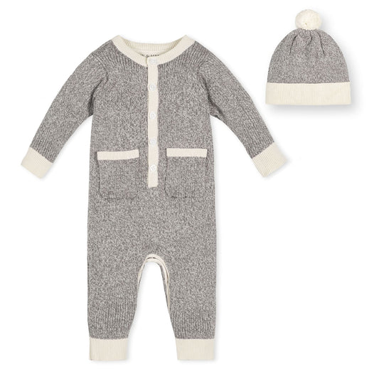 hope and henry, gray marl romper with matching hat, long sleeve with buttons in the front and pockets