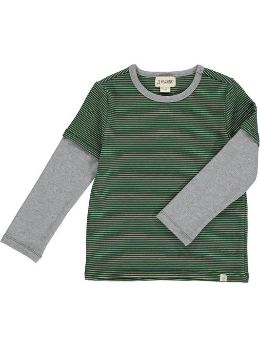 me and Henry thick long sleeve tee in green and grey stripe