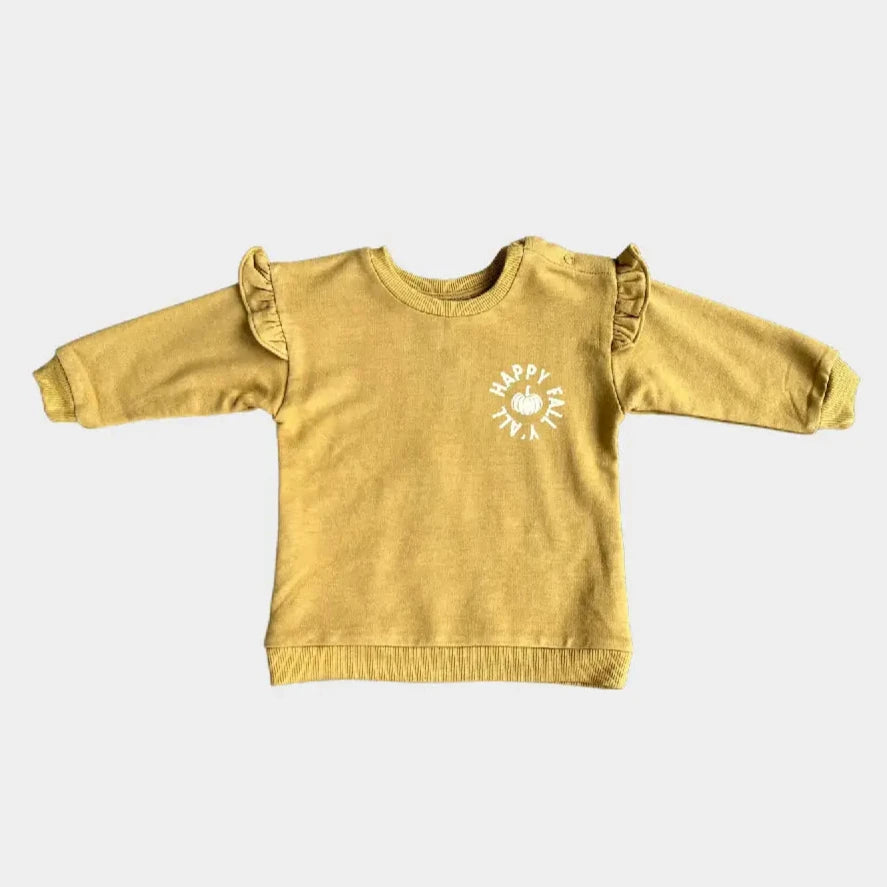 babysprouts, baby girl, toddler, fall, sweatshirt, mustard, yellow, long sleeve, happy fall, ruffles