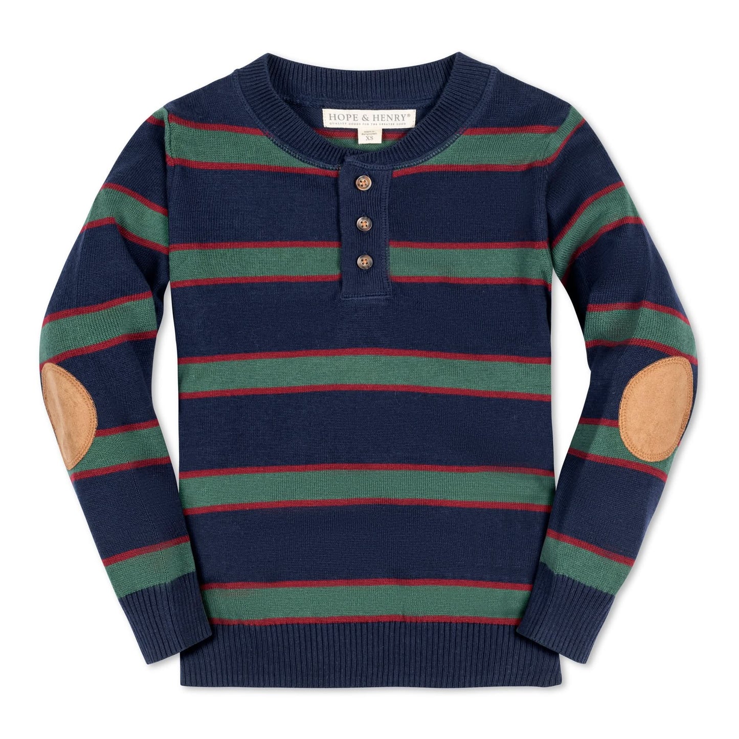 hope and henry, henley sweater, suede patch elbows, navy, green, red, stripe, boys, toddler