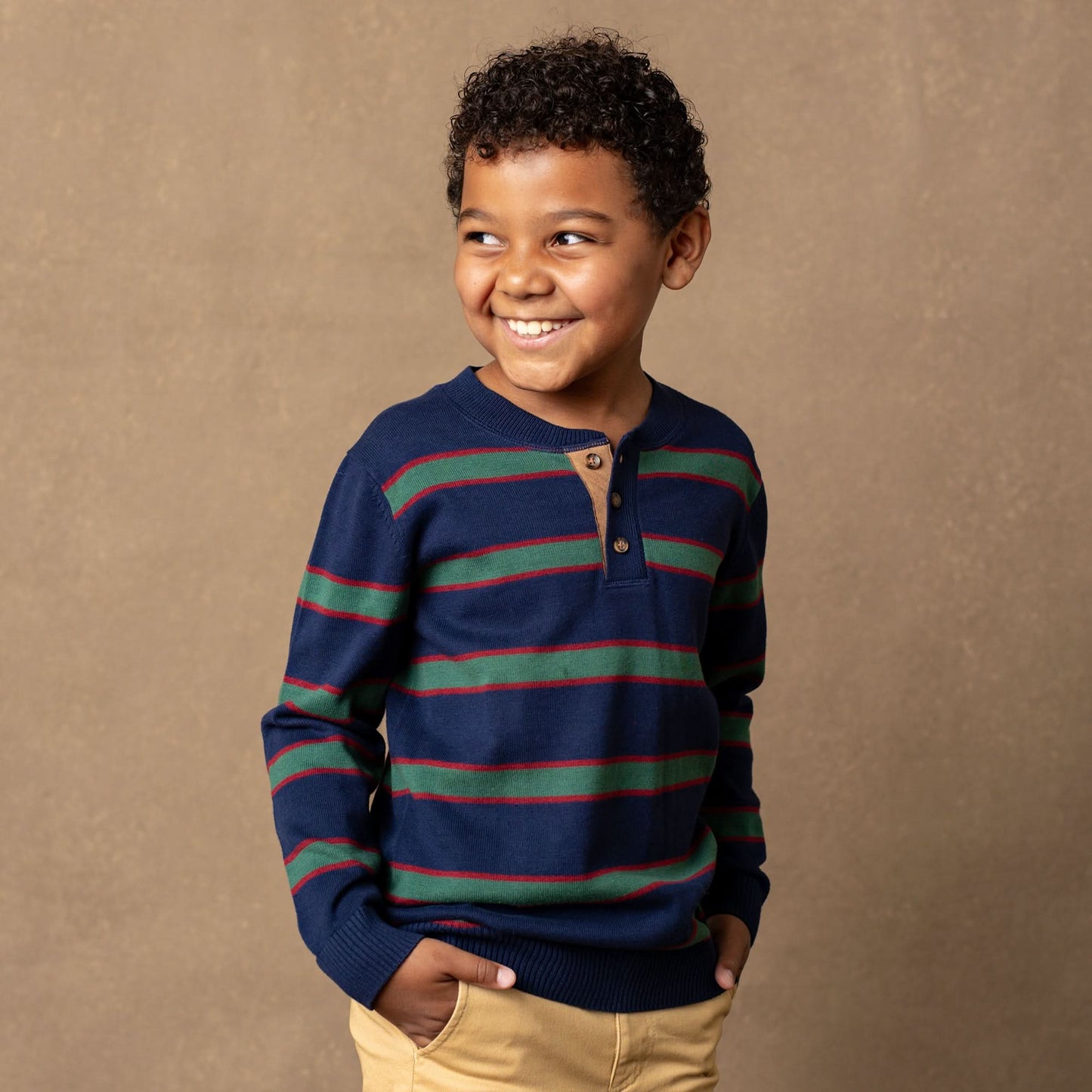 Hope and Henry Organic Sweater Henley w/Elbow Patches – Navy & Collegiate Green Stripe