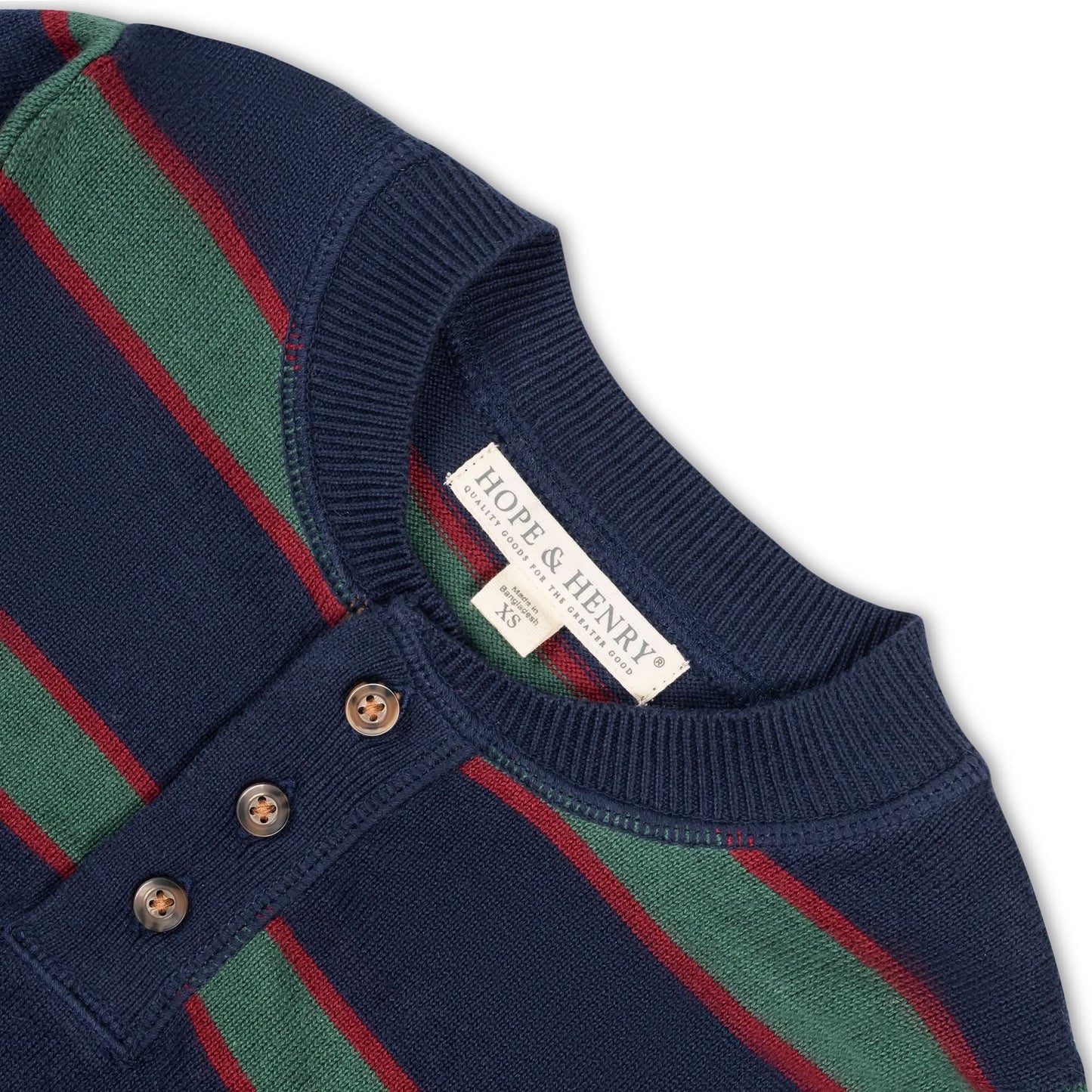 Hope and Henry Organic Sweater Henley w/Elbow Patches – Navy & Collegiate Green Stripe