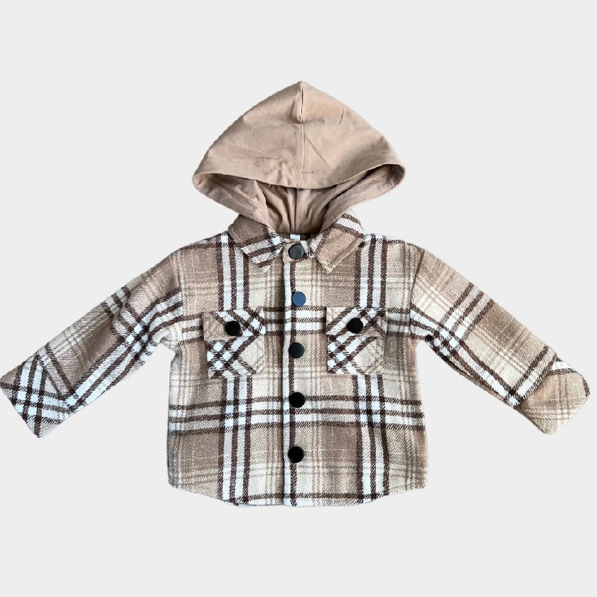 little boy, hooded, jacket, shacket, plaid, browns, coat, fall, toddler, bamboo cotton