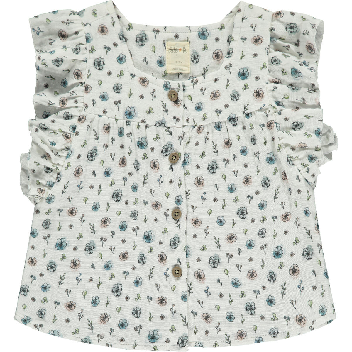 Isabella Cotton Button Tee - Flowers and Grass, little girls, baby girls, loose sleeveless, button front, white, pink floral, blue floral, short sleeve, tshirt