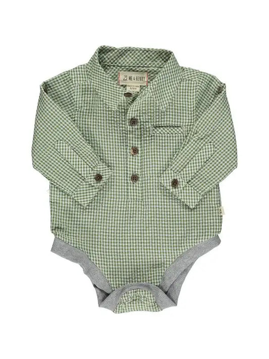 me and Henry jasper green and white plaid woven collared onesie